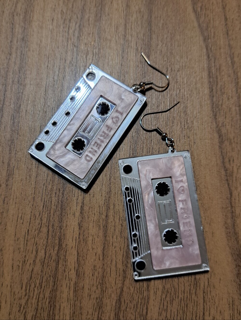 Retro Cassette Tape Drop Earrings in Pink and Silver